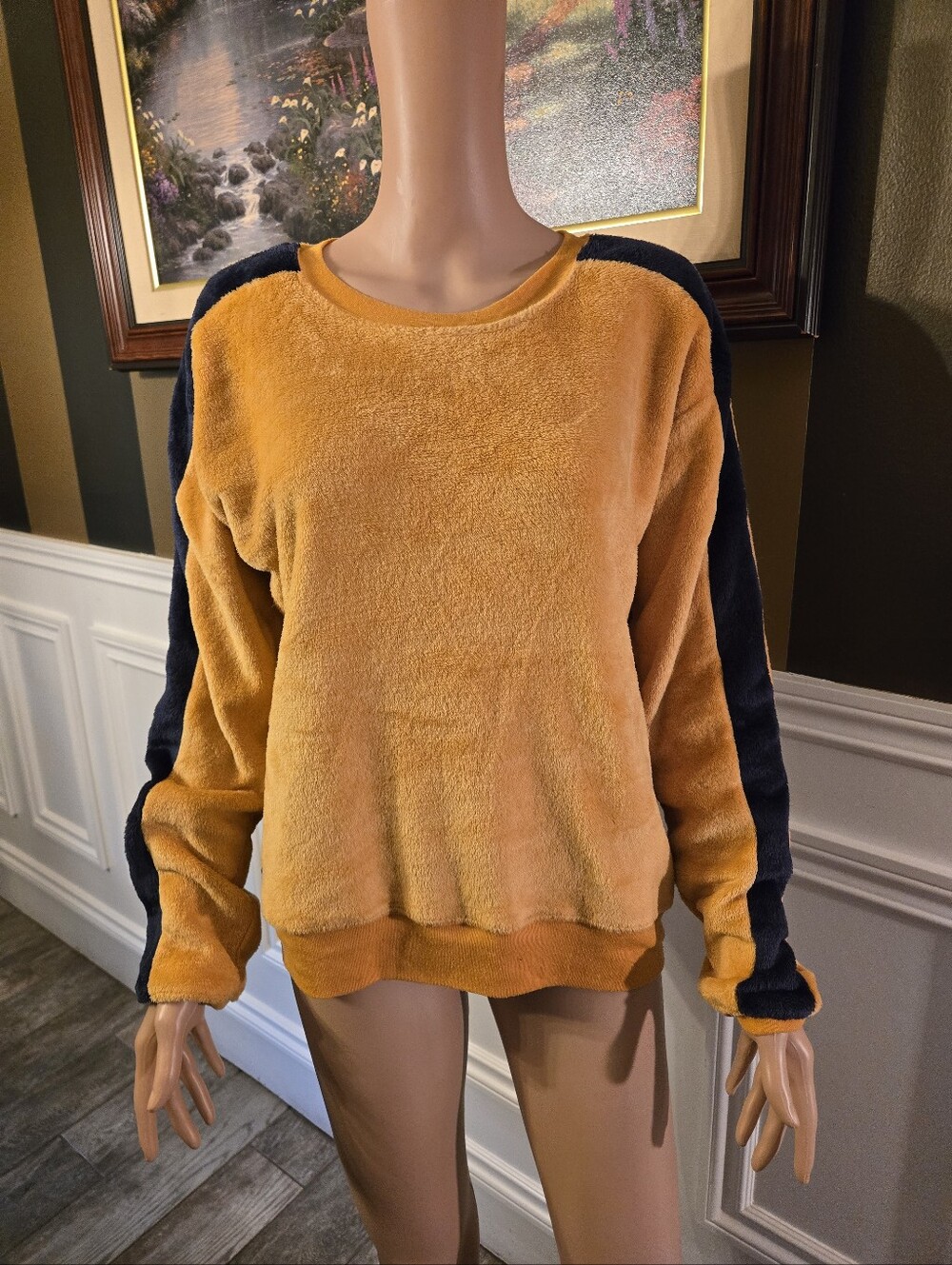 Cold Crush Plush Crewneck Sweater in Mustard and Black Sleeve Stripes